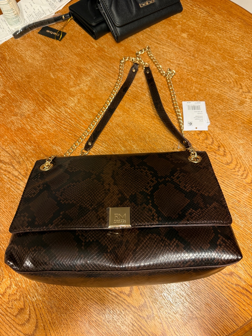 Rebecca Minkoff Dark Brown Snake-Print Chain Shoulder Bag